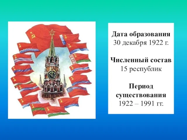 Дата образования 30 декабря 1922 г. Численный состав 15 республик Период существования 1922 – 1991 гг.