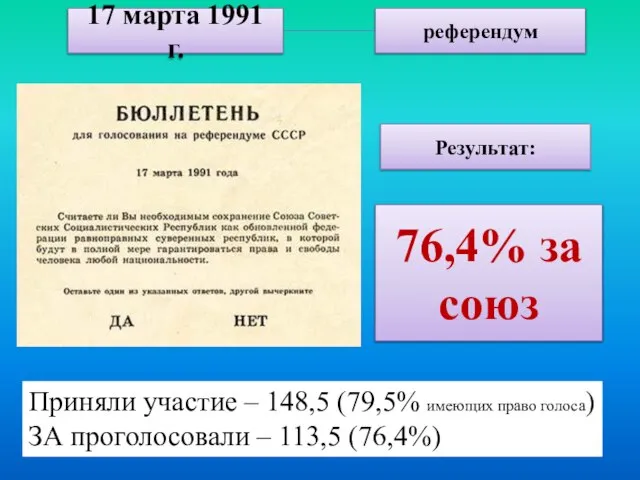 17 марта 1991 г. референдум Результат: 76,4% за союз Приняли участие