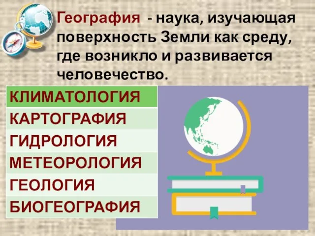 География - наука, изучающая поверхность Земли как среду, где возникло и развивается человечество.