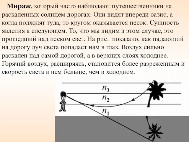 Мираж, который часто наблюдают путешественники на раскаленных солнцем дорогах. Они видят