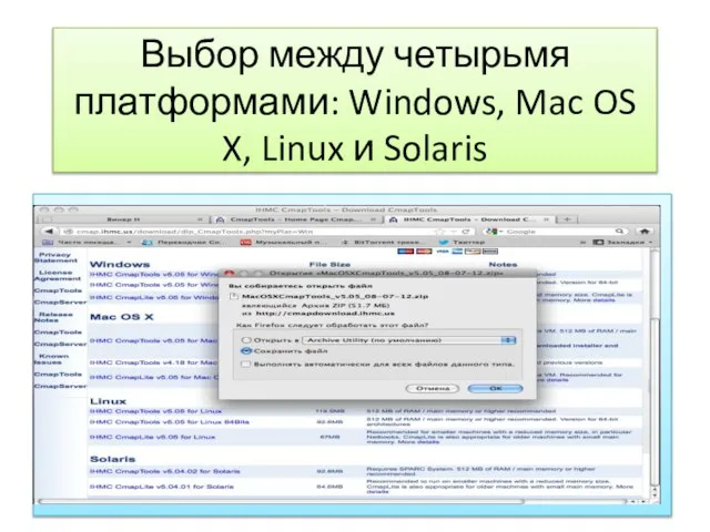 Выбор между четырьмя платформами: Windows, Mac OS X, Linux и Solaris