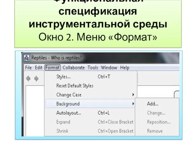 Функциональная спецификация инструментальной среды Окно 2. Меню «Формат»