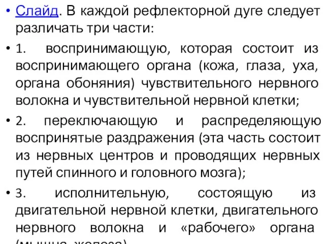 Слайд. В каждой рефлекторной дуге следует различать три части: 1. воспринимающую,