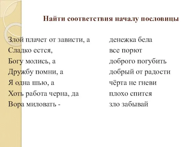 Найти соответствия началу пословицы Злой плачет от зависти, а Сладко естся,