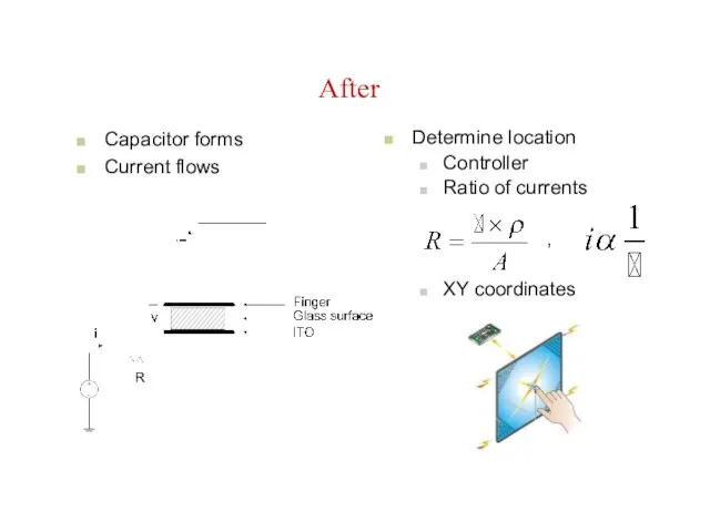 After Capacitor forms Current flows Determine location Controller Ratio of currents , XY coordinates R