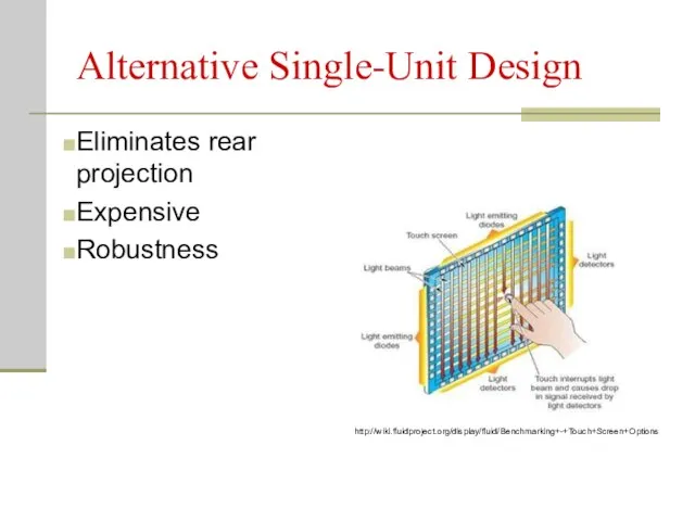 Alternative Single-Unit Design Eliminates rear projection Expensive Robustness http://wiki.fluidproject.org/display/fluid/Benchmarking+-+Touch+Screen+Options