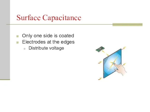 Surface Capacitance Only one side is coated Electrodes at the edges Distribute voltage