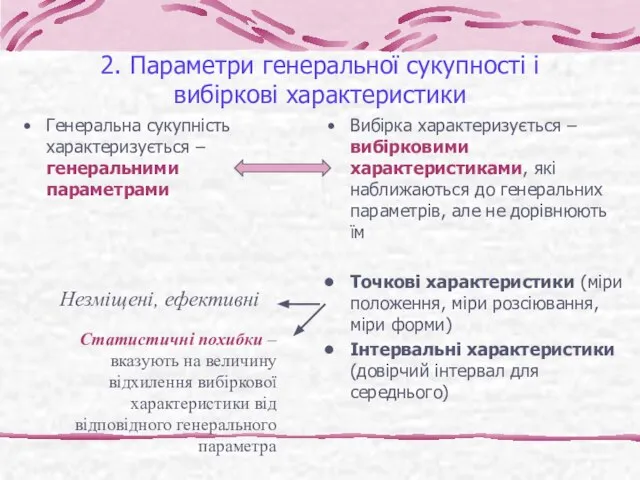 2. Параметри генеральної сукупності і вибіркові характеристики Генеральна сукупність характеризується –