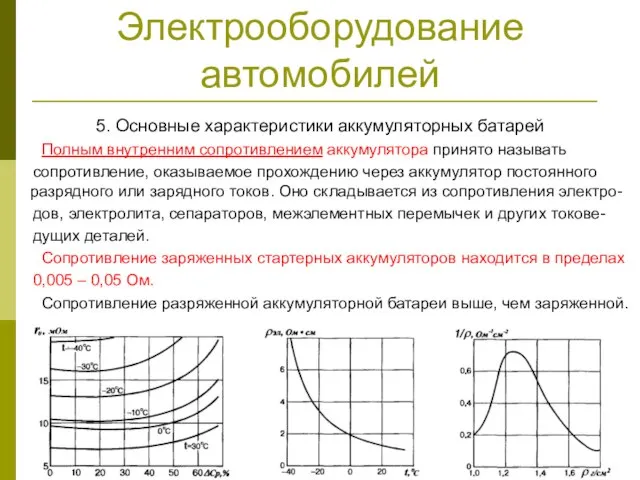 Электрооборудование автомобилей 5. Основные характеристики аккумуляторных батарей Полным внутренним сопротивлением аккумулятора