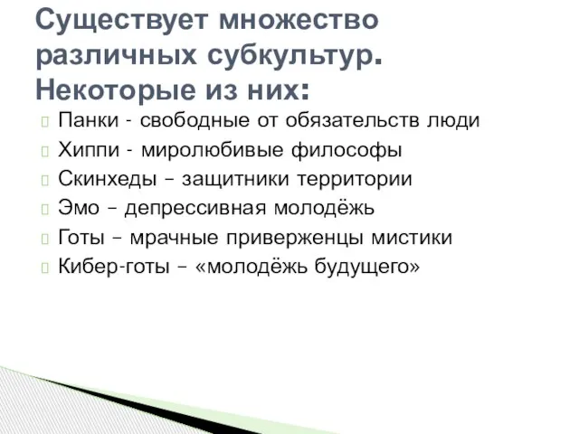 Панки - свободные от обязательств люди Хиппи - миролюбивые философы Скинхеды