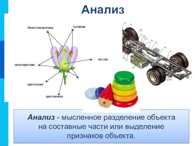 Анализ - мысленное разделение объекта на составные части или выделение признаков объекта. Анализ