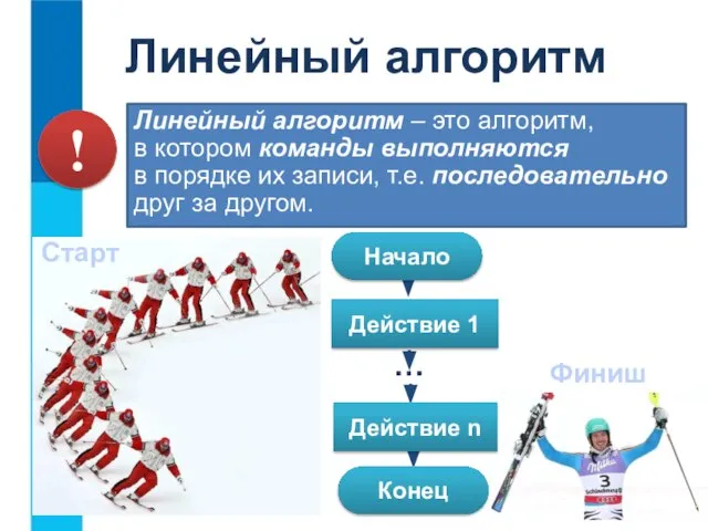 Линейный алгоритм Линейный алгоритм – это алгоритм, в котором команды выполняются