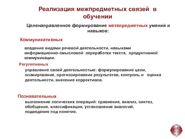 Реализация межпредметных связей в обучении Целенаправленное формирование метапредметных умений и навыков: