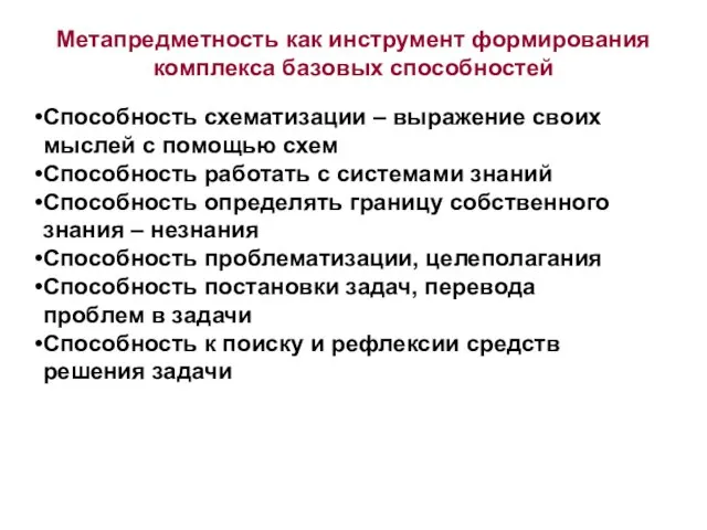 Метапредметность как инструмент формирования комплекса базовых способностей Способность схематизации – выражение