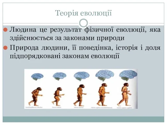 Теорія еволюції Людина це результат фізичної еволюції, яка здійснюється за законами