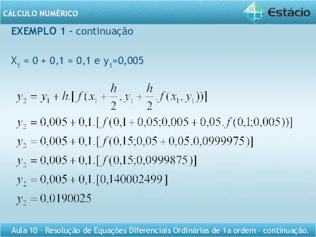 EXEMPLO 1 – continuação X1 = 0 + 0,1 = 0,1 e y1=0,005