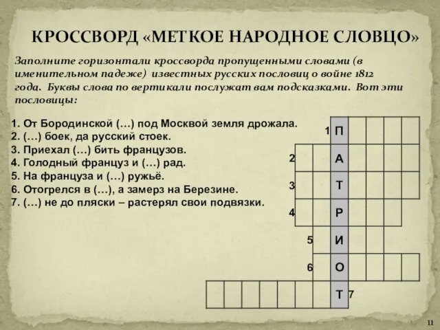 КРОССВОРД «МЕТКОЕ НАРОДНОЕ СЛОВЦО» 1. От Бородинской (…) под Москвой земля