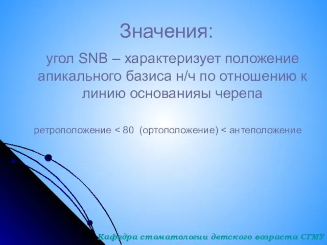 Значения: угол SNB – характеризует положение апикального базиса н/ч по отношению