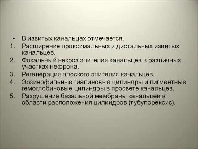 В извитых канальцах отмечается: Расширение проксимальных и дистальных извитых канальцев. Фокальный