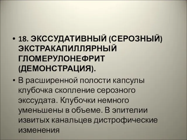 18. ЭКССУДАТИВНЫЙ (СЕРОЗНЫЙ) ЭКСТРАКАПИЛЛЯРНЫЙ ГЛОМЕРУЛОНЕФРИТ (ДЕМОНСТРАЦИЯ). В расширенной полости капсулы клубочка