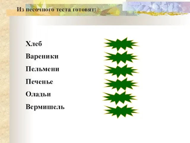 Хлеб Вареники Пельмени Печенье Оладьи Вермишель неверно неверно неверно верно неверно неверно Из песочного теста готовят: