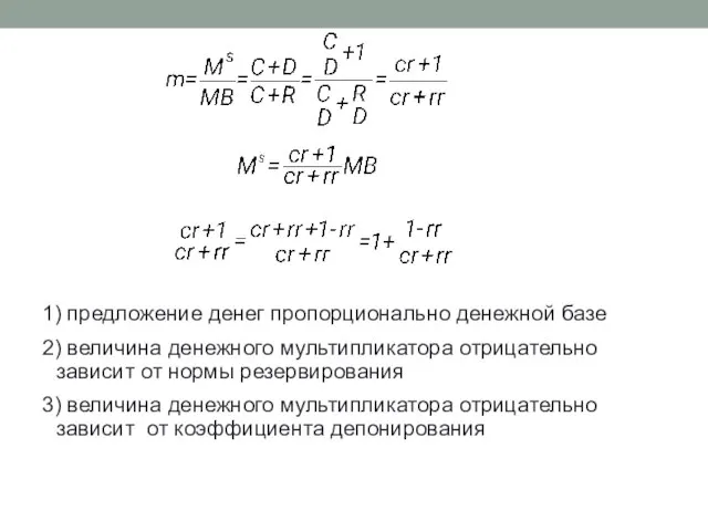 1) предложение денег пропорционально денежной базе 2) величина денежного мультипликатора отрицательно