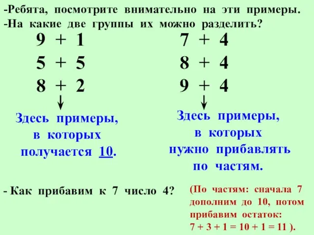 Ребята, посмотрите внимательно на эти примеры. На какие две группы их