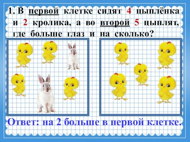 В первой клетке сидят 4 цыплёнка и 2 кролика, а во