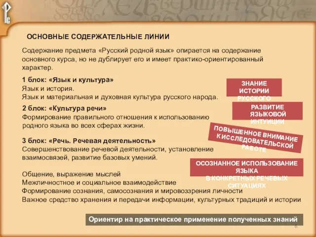 ОСНОВНЫЕ СОДЕРЖАТЕЛЬНЫЕ ЛИНИИ Содержание предмета «Русский родной язык» опирается на содержание