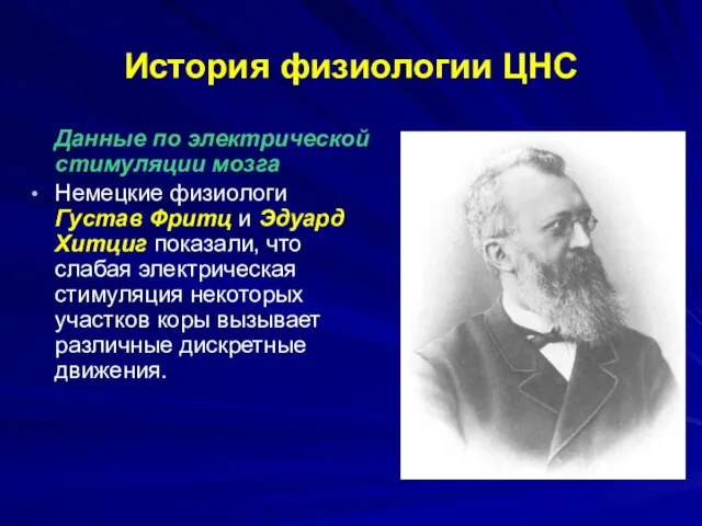 История физиологии ЦНС Данные по электрической стимуляции мозга Немецкие физиологи Густав