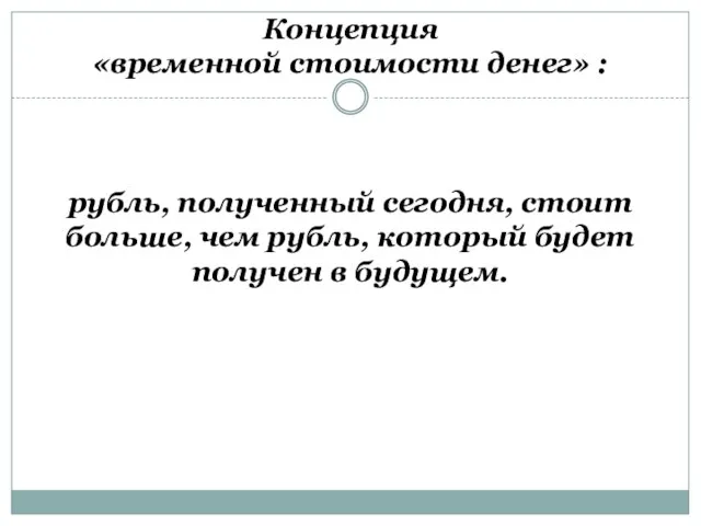 Концепция «временной стоимости денег» : рубль, полученный сегодня, стоит больше, чем