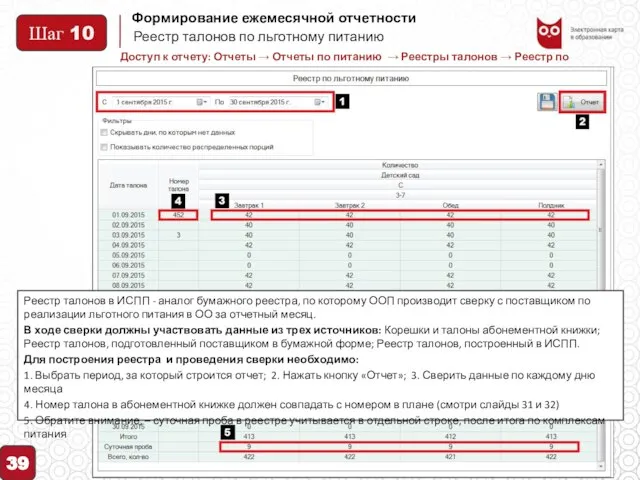 Формирование ежемесячной отчетности 39 Реестр талонов по льготному питанию Шаг 10