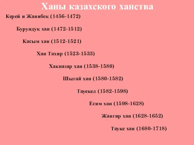 Ханы казахского ханства Керей и Жанибек (1456-1472) Бурундук хан (1472-1512) Касым