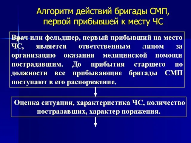 Алгоритм действий бригады СМП, первой прибывшей к месту ЧС Врач или