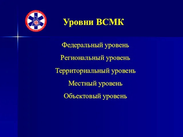 Уровни ВСМК Федеральный уровень Региональный уровень Территориальный уровень Местный уровень Объектовый уровень