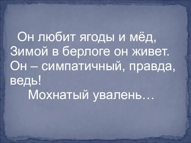 Он любит ягоды и мёд, Зимой в берлоге он живет. Он