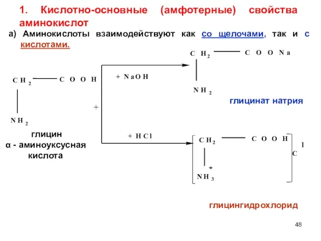 1. Кислотно-основные (амфотерные) свойства аминокислот + глицингидрохлорид глицинат натрия глицин α