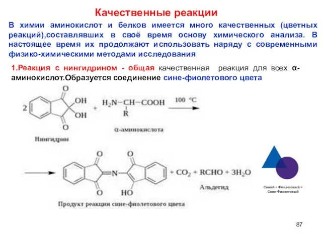 Качественные реакции В химии аминокислот и белков имеется много качественных (цветных