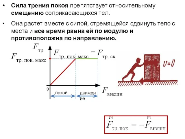 Сила трения покоя препятствует относительному смещению соприкасающихся тел. Она растет вместе