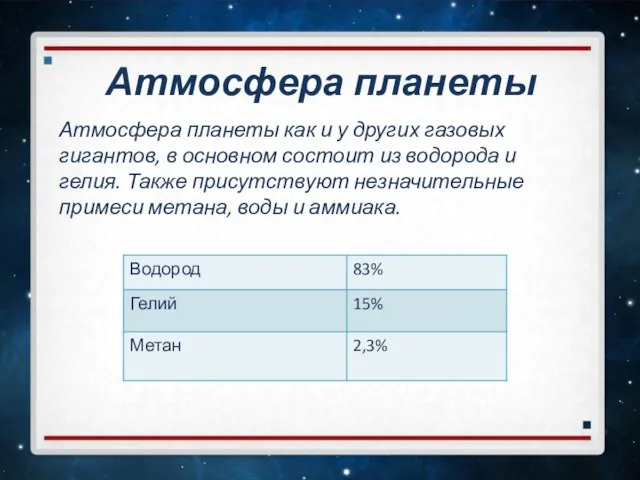 Атмосфера планеты Атмосфера планеты как и у других газовых гигантов, в