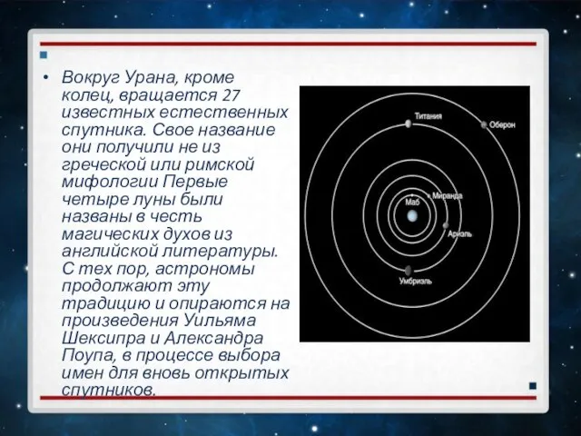 Вокруг Урана, кроме колец, вращается 27 известных естественных спутника. Свое название