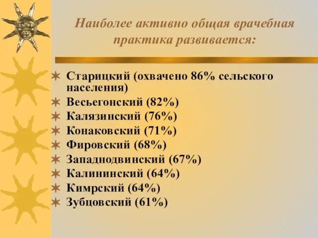 Наиболее активно общая врачебная практика развивается: Cтарицкий (охвачено 86% сельского населения)