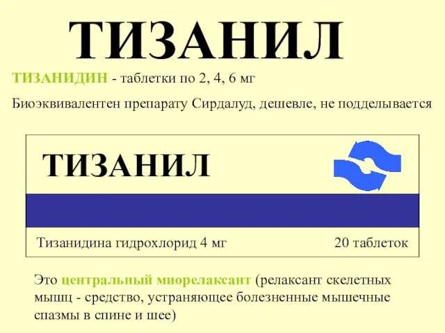 ТИЗАНИЛ ТИЗАНИДИН - таблетки по 2, 4, 6 мг Биоэквивалентен препарату