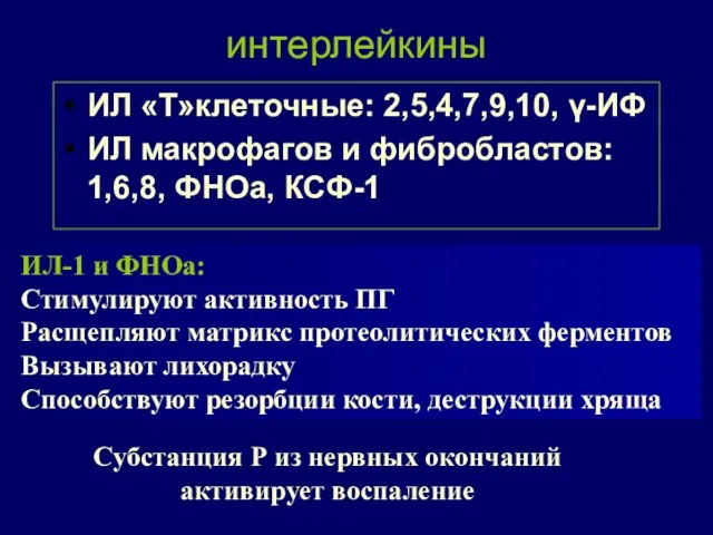 интерлейкины ИЛ «Т»клеточные: 2,5,4,7,9,10, γ-ИФ ИЛ макрофагов и фибробластов: 1,6,8, ФНОа,