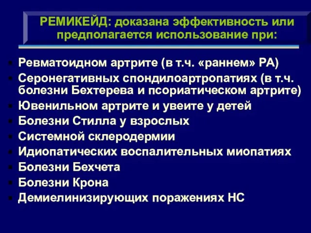 РЕМИКЕЙД: доказана эффективность или предполагается использование при: Ревматоидном артрите (в т.ч.