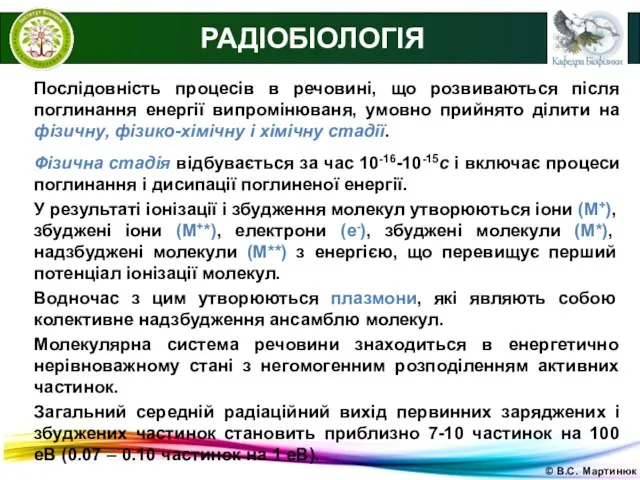 © В.С. Мартинюк РАДІОБІОЛОГІЯ Послідовність процесів в речовині, що розвиваються після