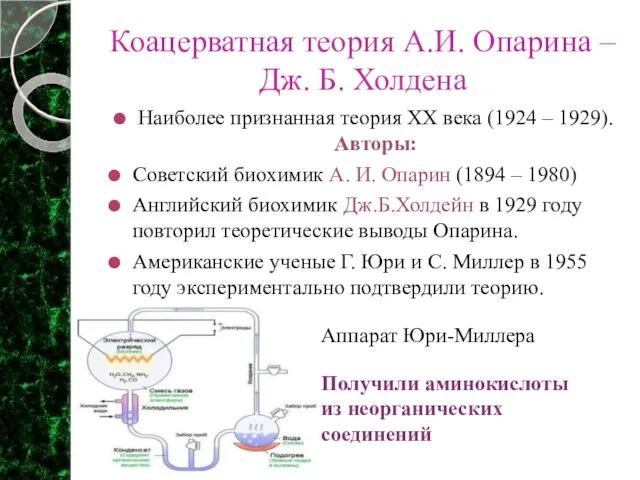 Коацерватная теория А.И. Опарина – Дж. Б. Холдена Наиболее признанная теория