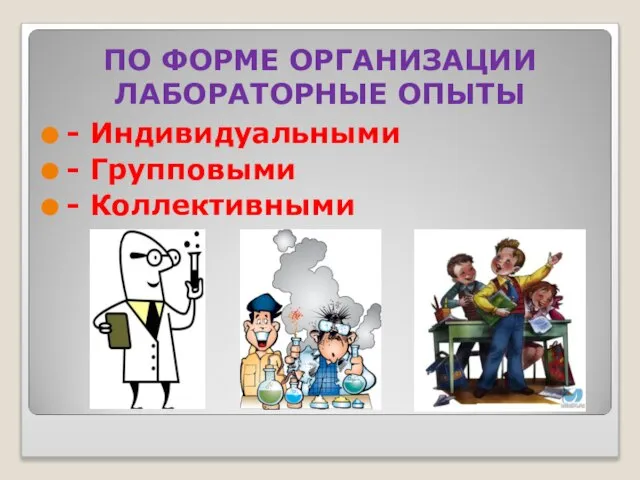 ПО ФОРМЕ ОРГАНИЗАЦИИ ЛАБОРАТОРНЫЕ ОПЫТЫ - Индивидуальными - Групповыми - Коллективными