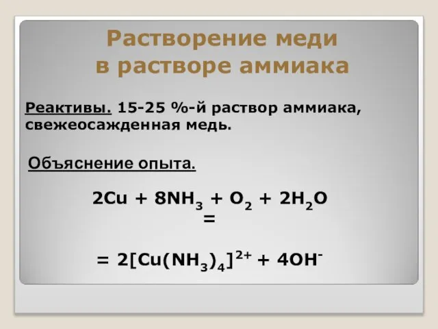 Реактивы. 15-25 %-й раствор аммиака, свежеосажденная медь. Растворение меди в растворе