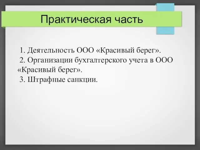 Практическая часть 1. Деятельность ООО «Красивый берег». 2. Организации бухгалтерского учета